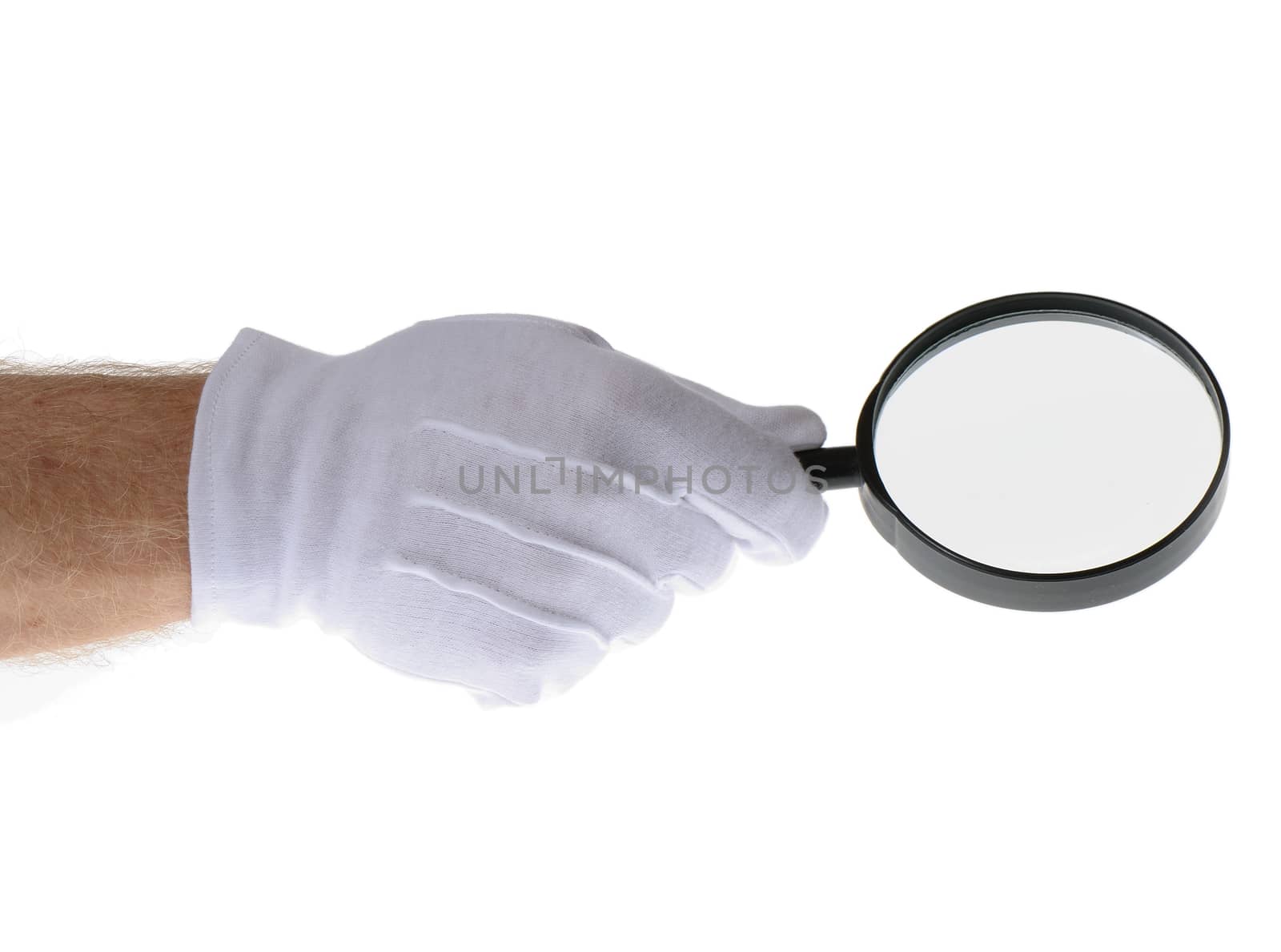 White glove holding a magnifying glass isolated on white