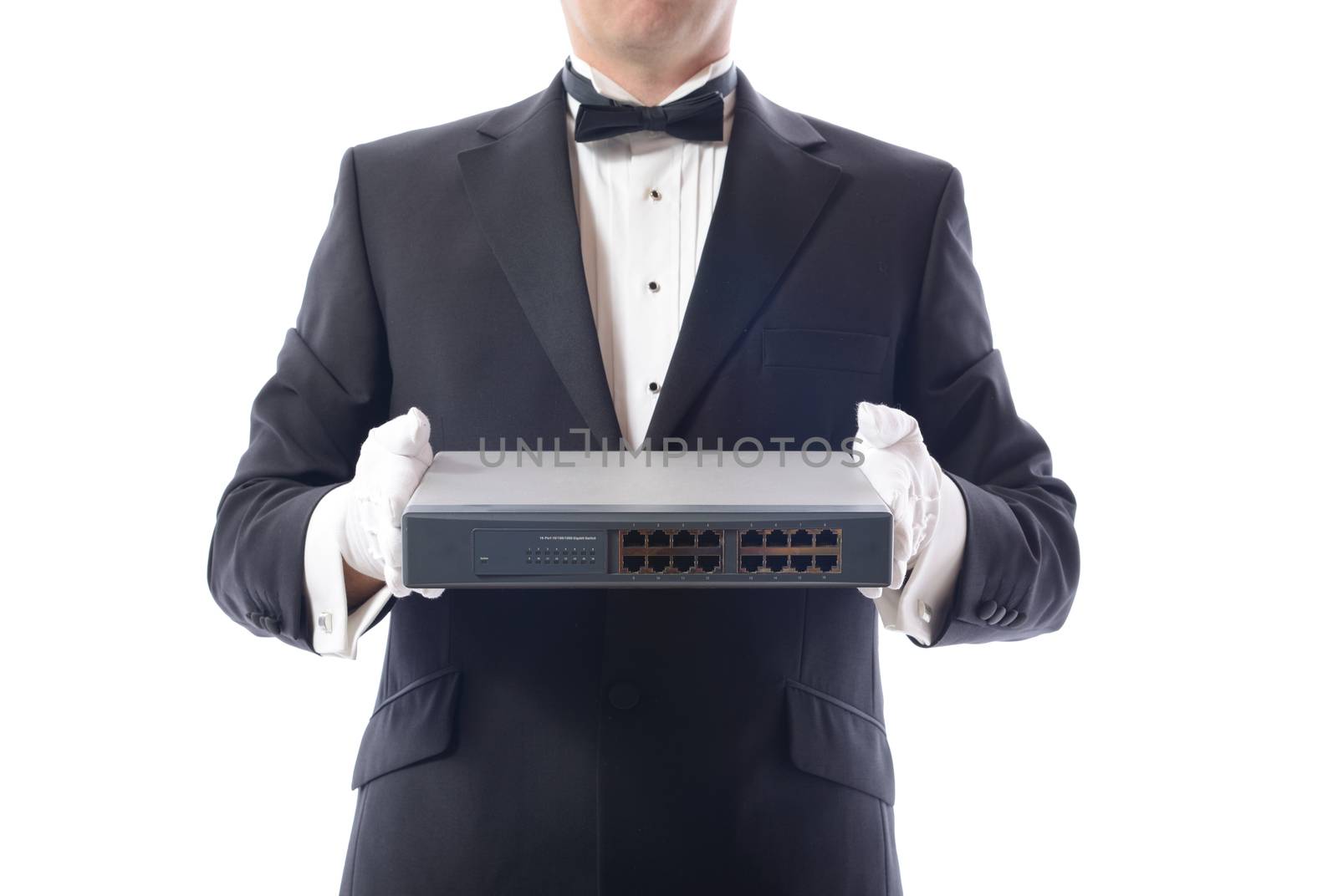 smart dressed man holding network switch