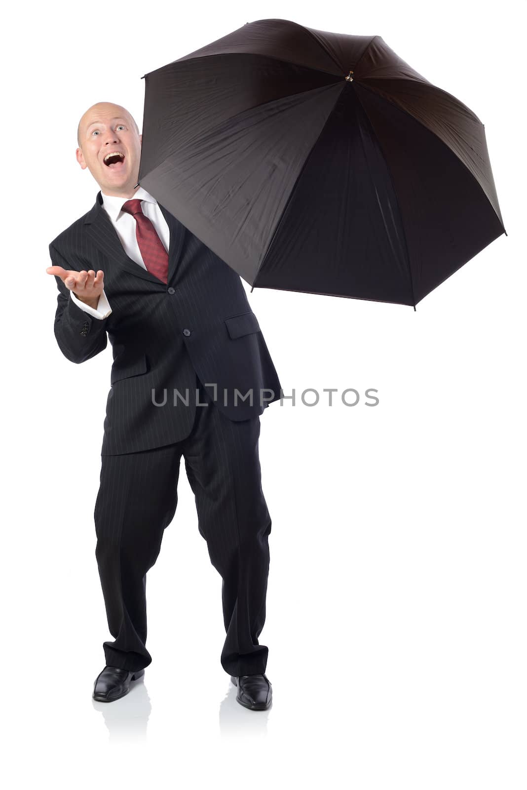 Man in suit with umbrella concept of getting better