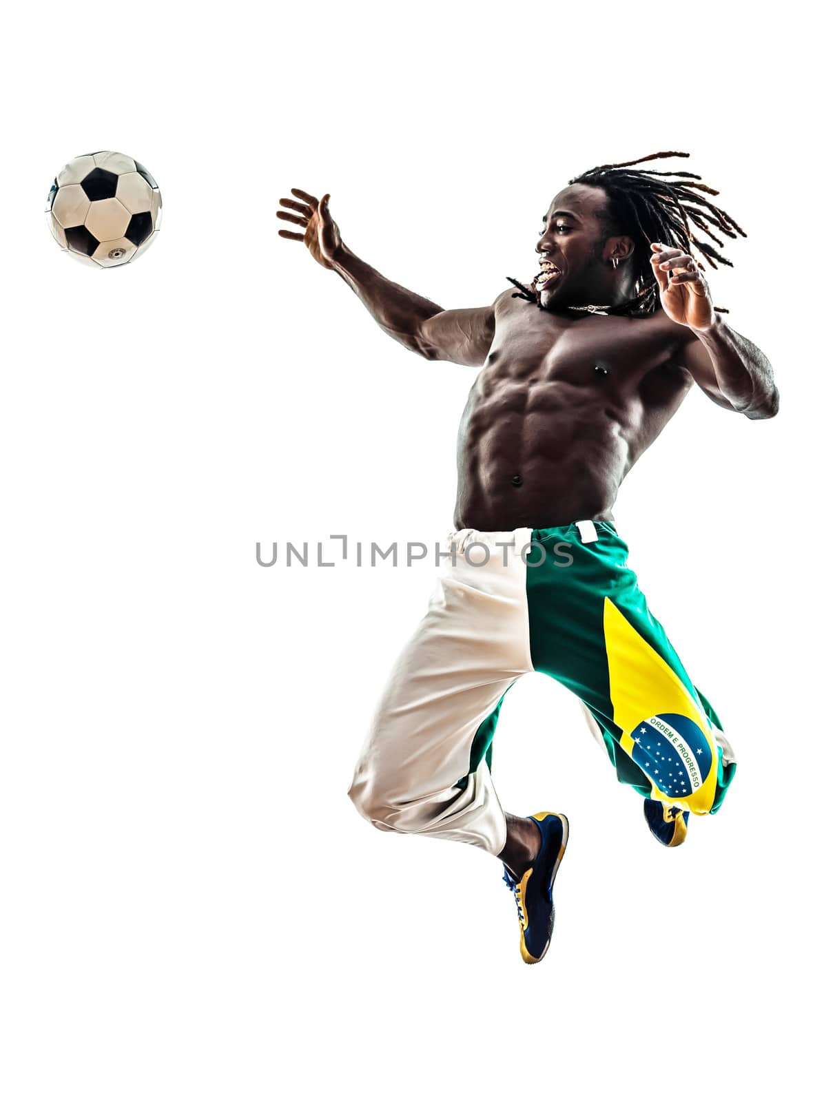 one brazilian  black man soccer player  on white background