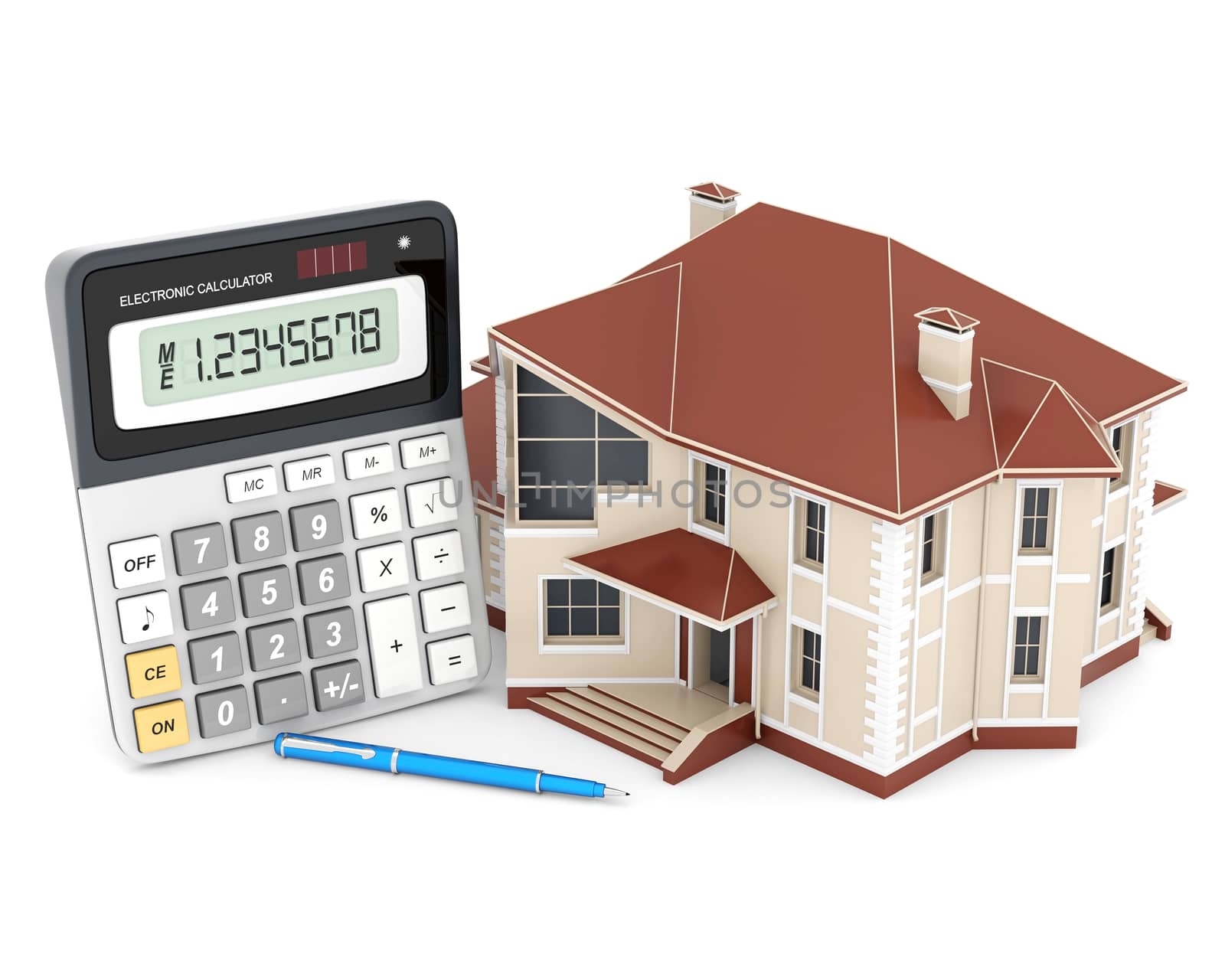 house, calculator and pen on a white background