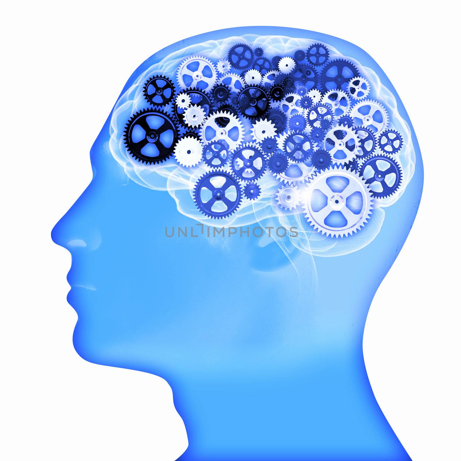 Human head silhouette with gears and cog wheel elements against white background
