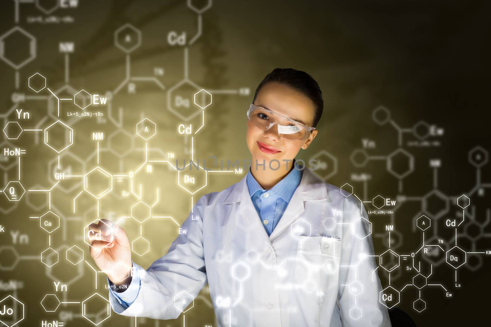 Young woman researcher in medical uniform drawing chemistry formulas