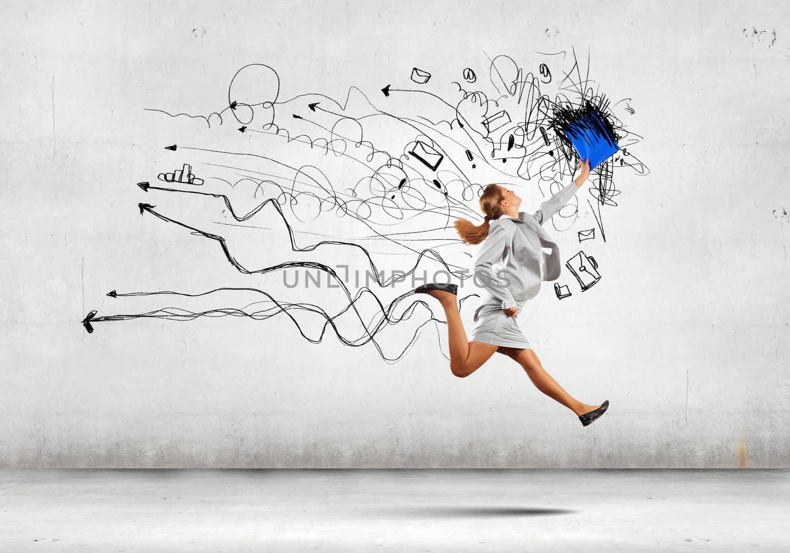 Image of businesswoman in jump against sketch background