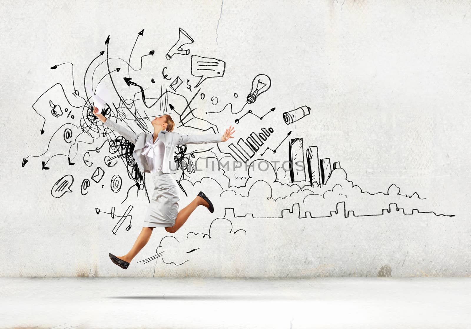 Image of businesswoman in jump against sketch background
