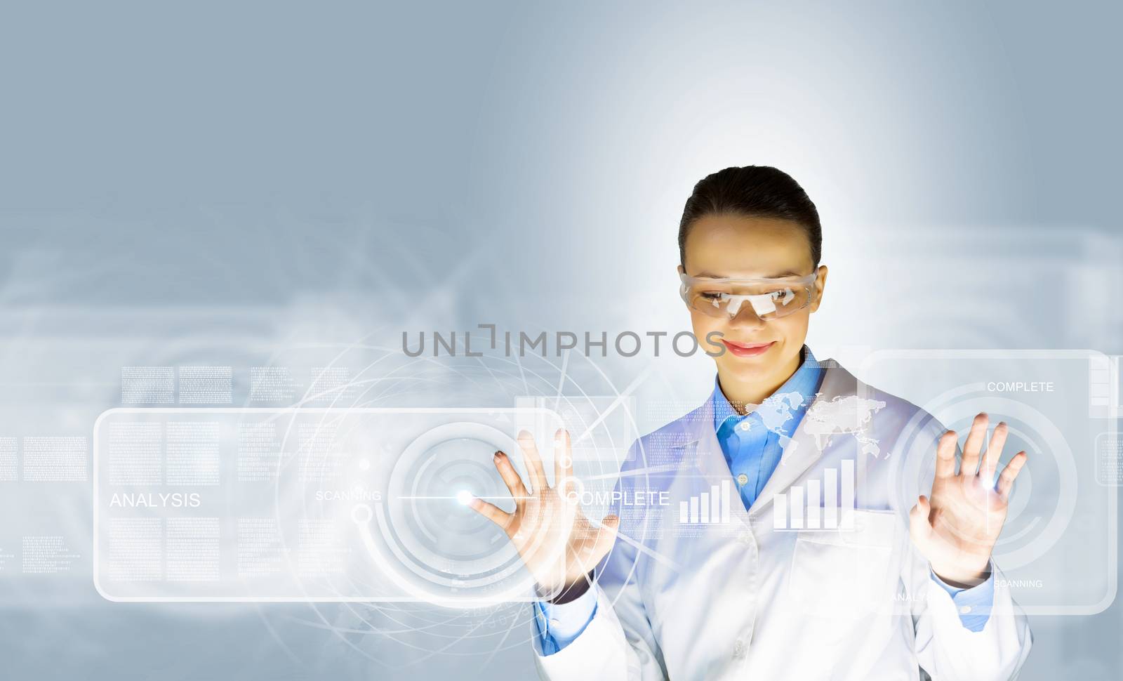 Image of young woman scientist touching icon of media screen