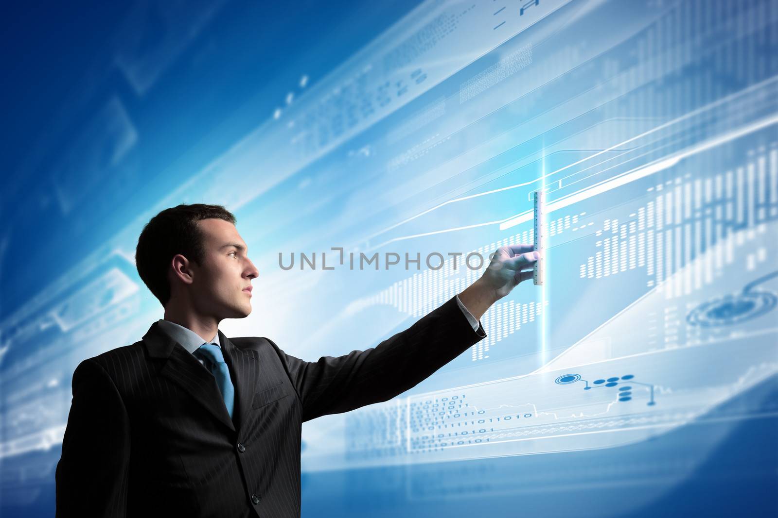 Image of businessman pressing icon of media screen. Innovations