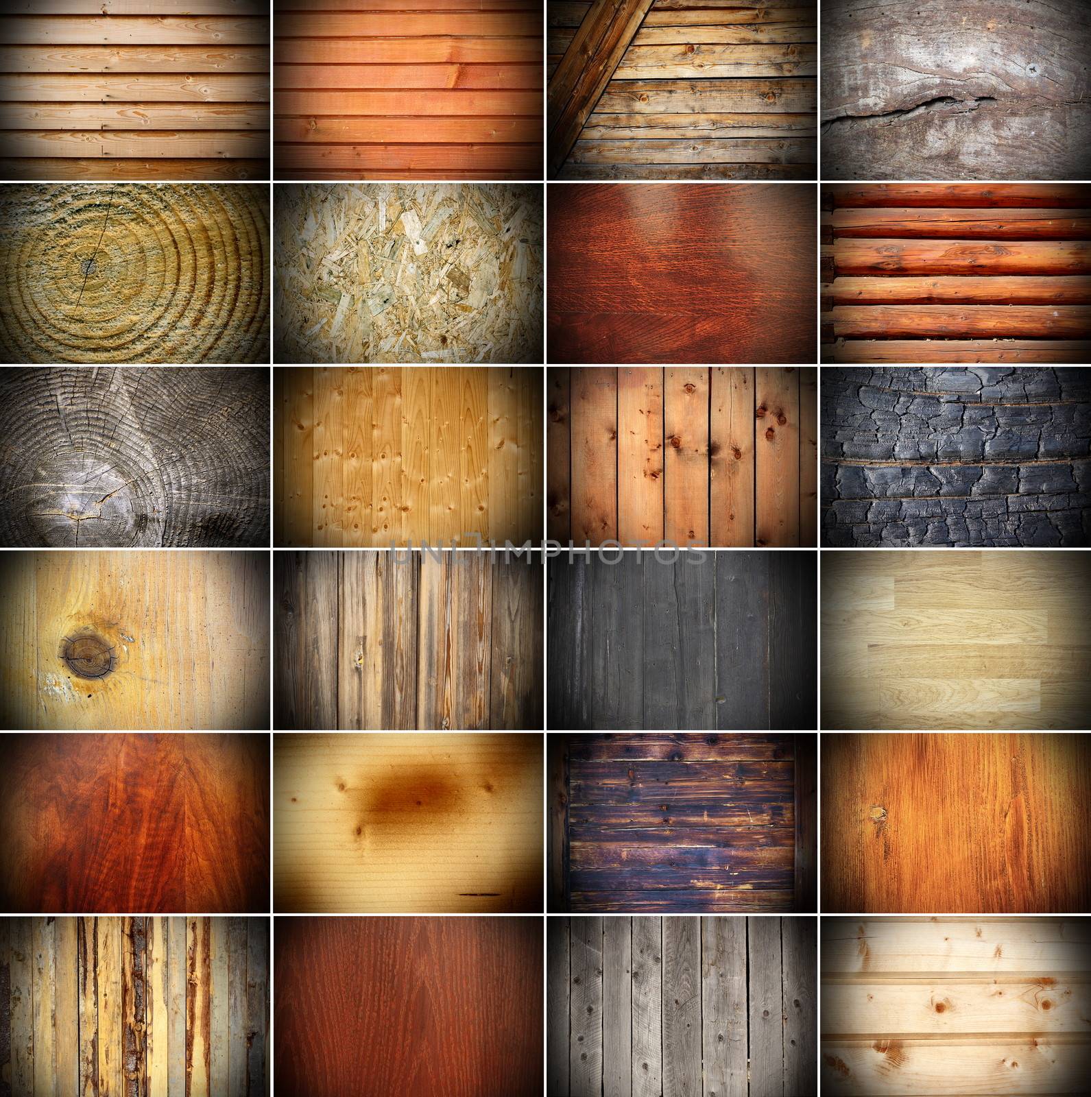 collage formed with many photos of wooden textures with vignette added