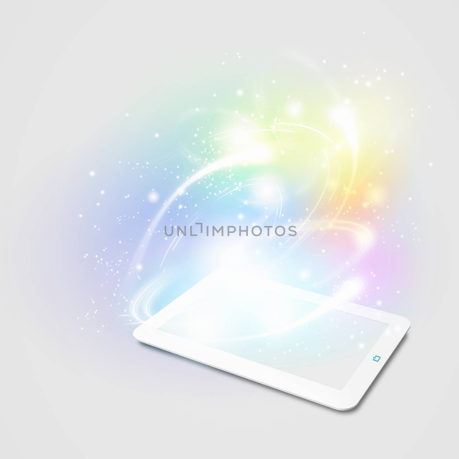 Image of tablet pc with color lights and splashes