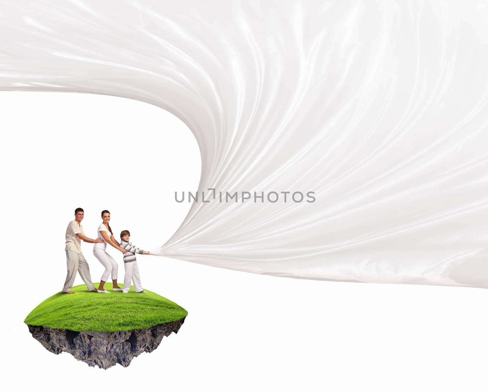 Young family of three pulling blank banner. Place for text