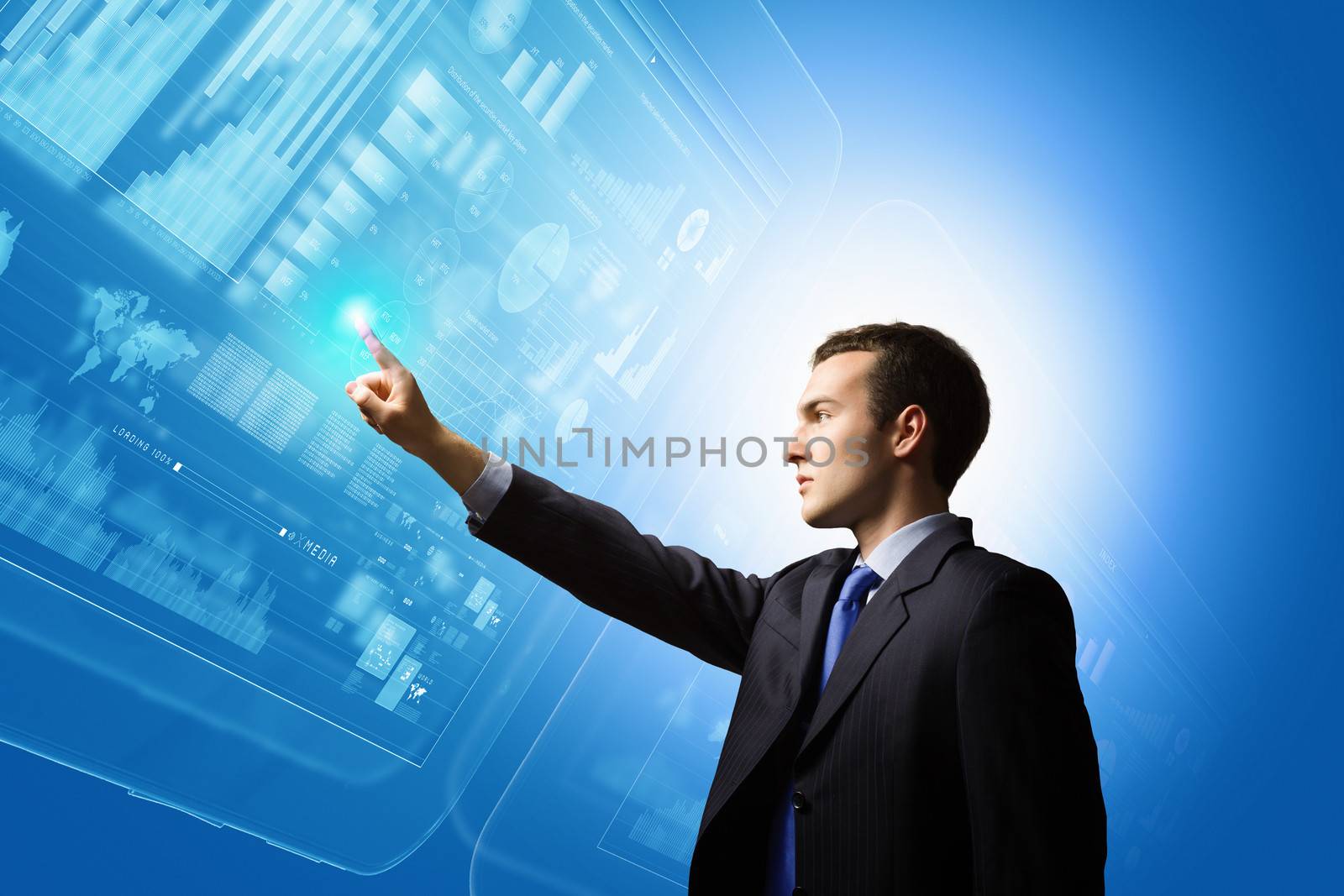 Image of businessman pushing icon of media screen. Marketing concept