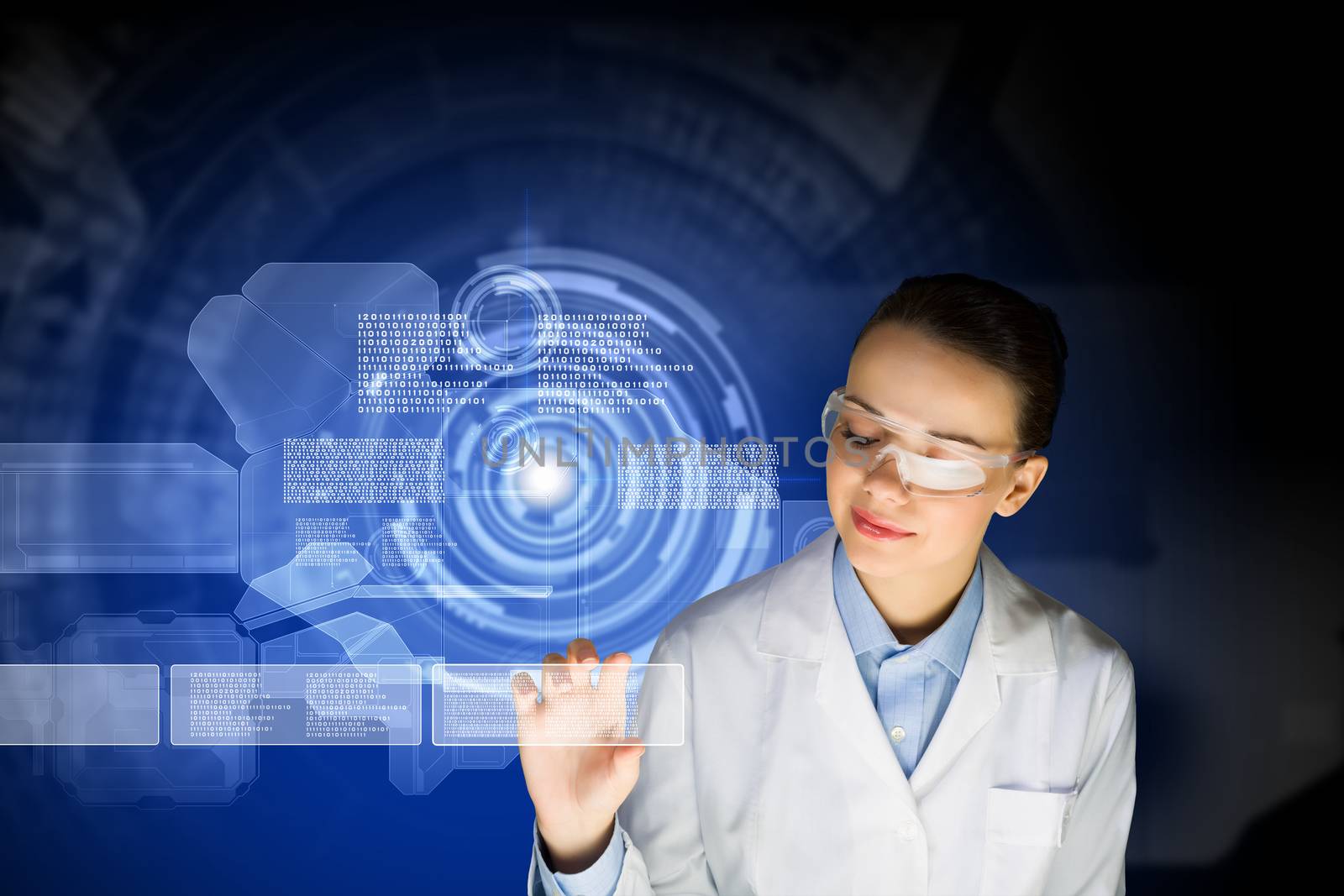 Image of young woman scientist in goggles against media screen