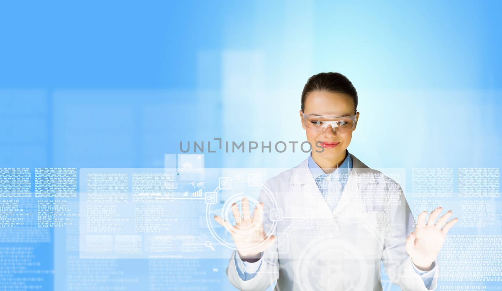 Image of young woman scientist touching icon of media screen