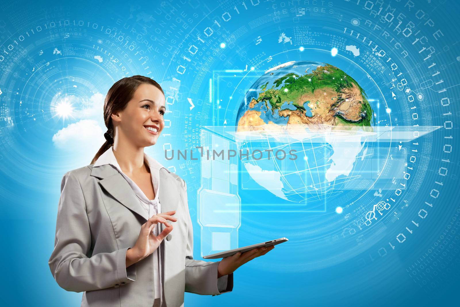 Young businesswoman with tablet pc in hands. Globalization concept. Elements of this image are furnished by NASA