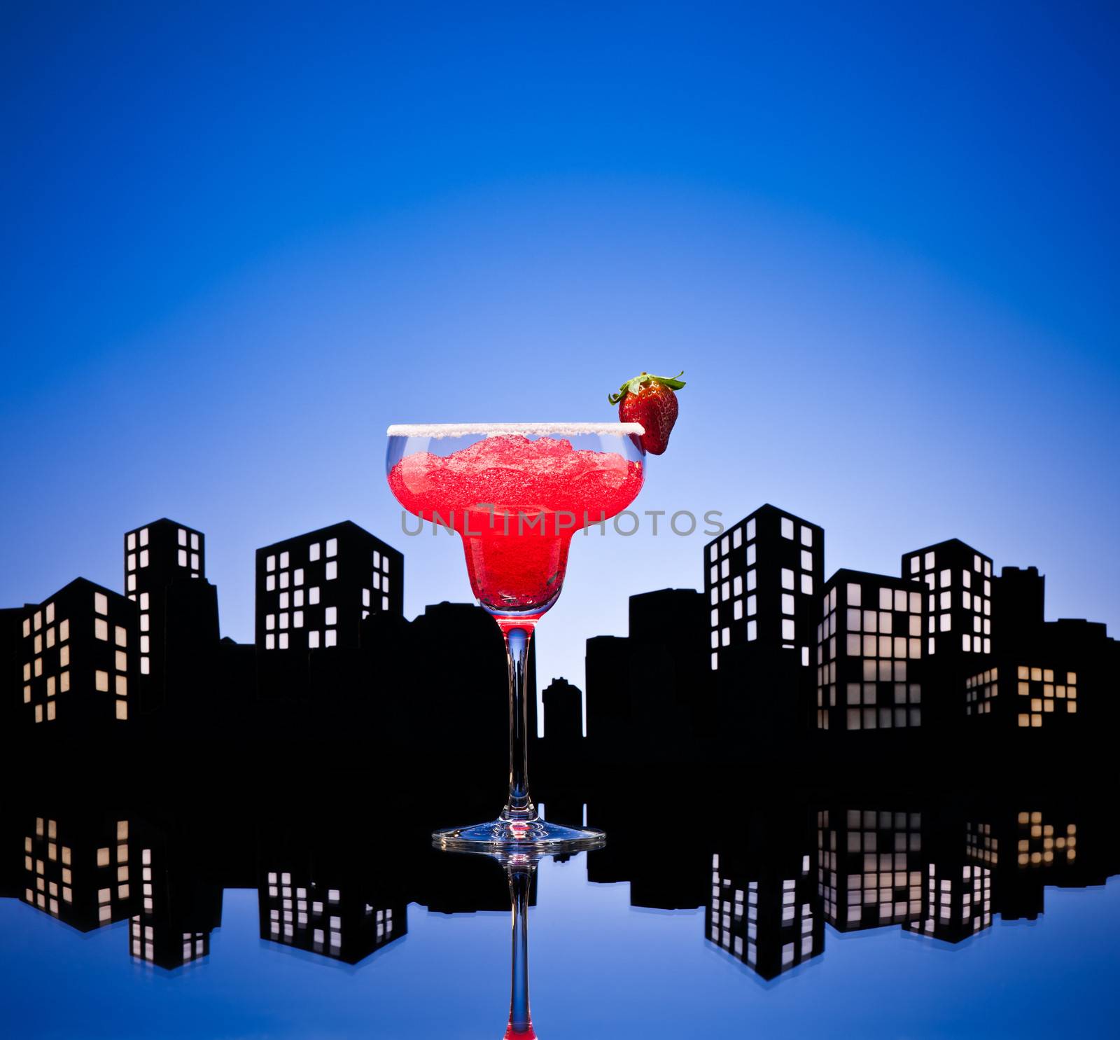 Metropolis strawberry Margarita  cocktail in city skyline setting