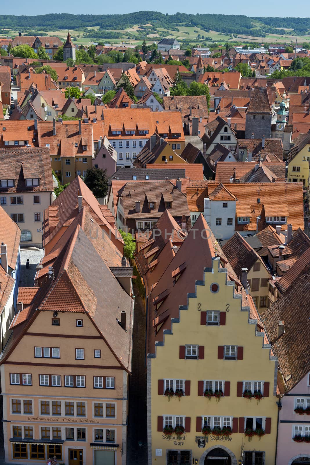 Panoramic view from the tower of the town hall on the roofs of the medieval town of Rothenburg ob der Tauber in Bavaria