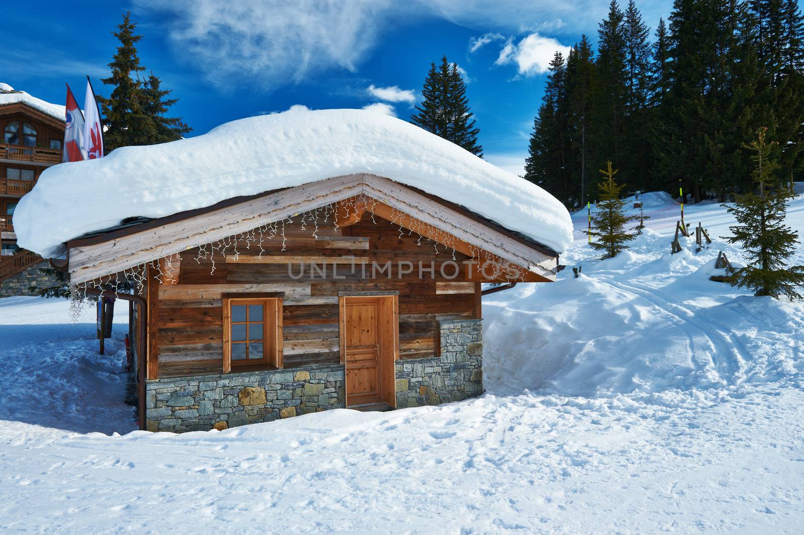 Mountain ski resort with snow in winter, Courchevel, Alps, France