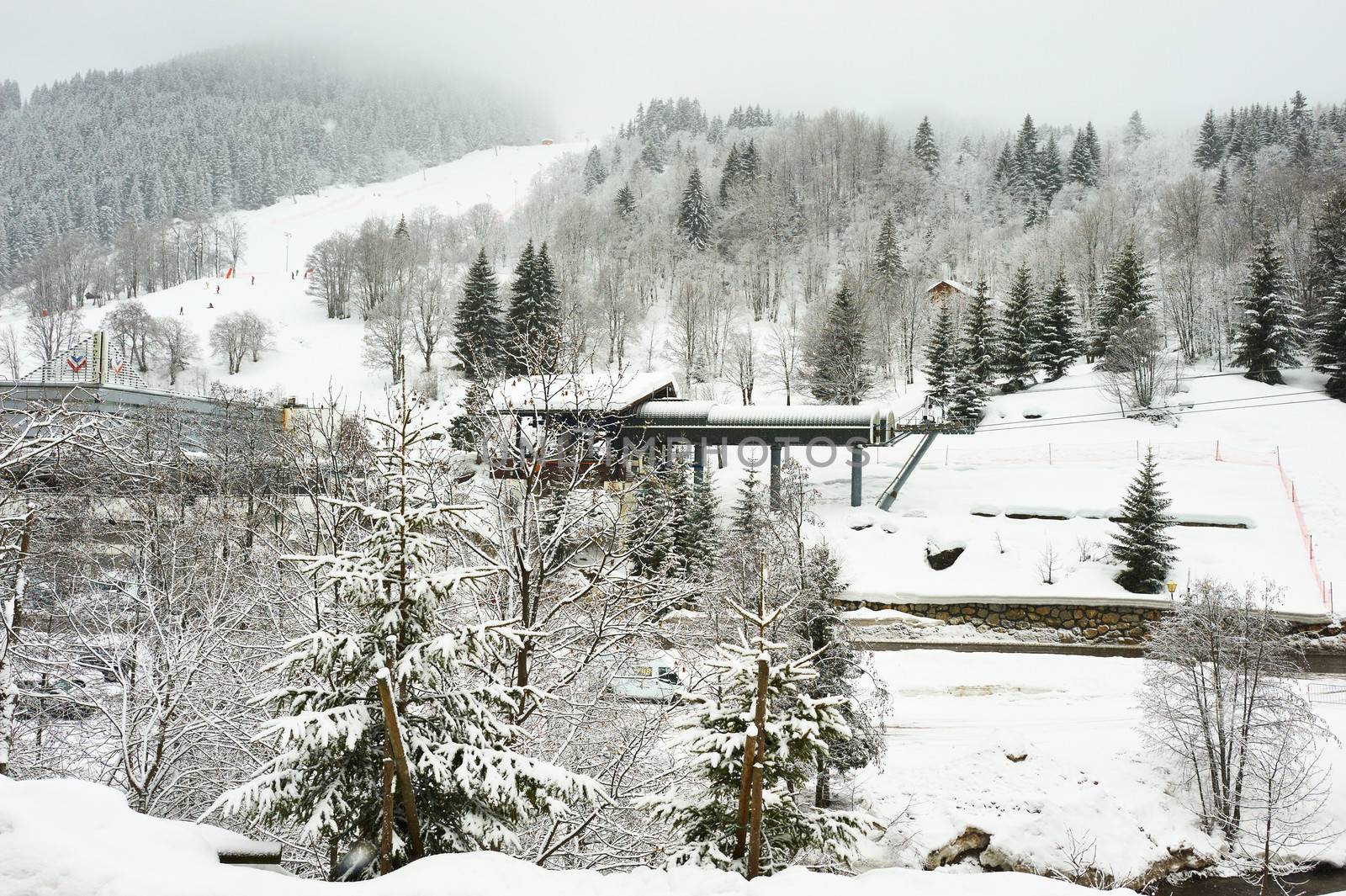 Mountain ski resort with snow in winter, Meribel, Alps, France