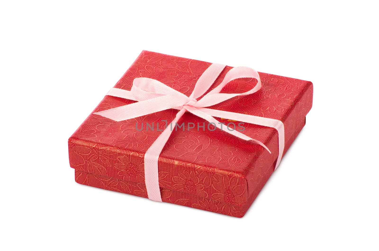 Single red gift box with pink ribbon by oly5