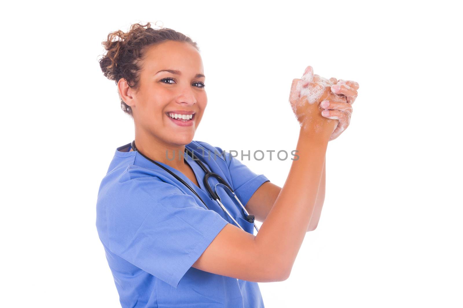 young nurse washing hands with soap isolated