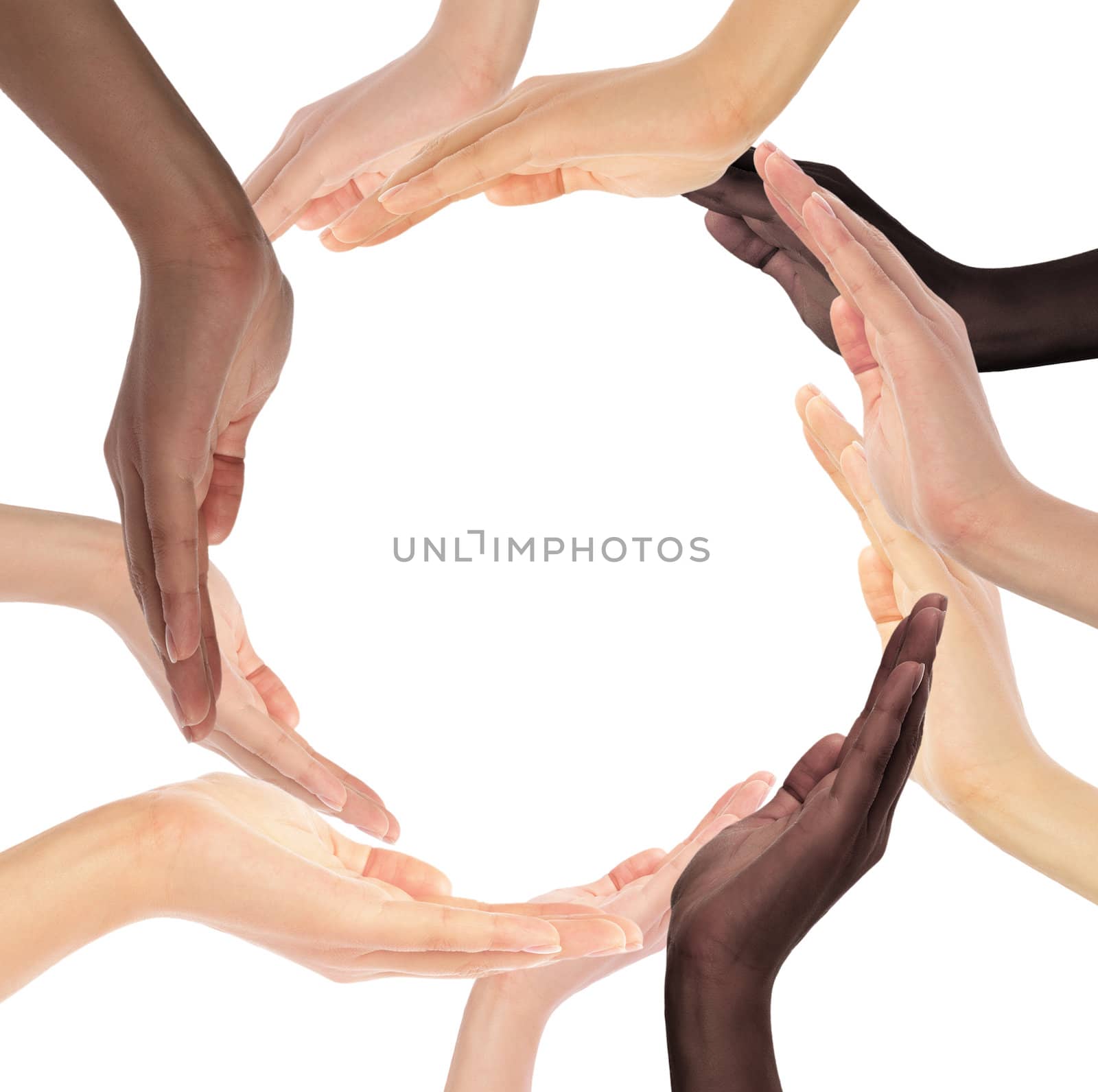 Conceptual symbol of multiracial human hands making a circle by oly5
