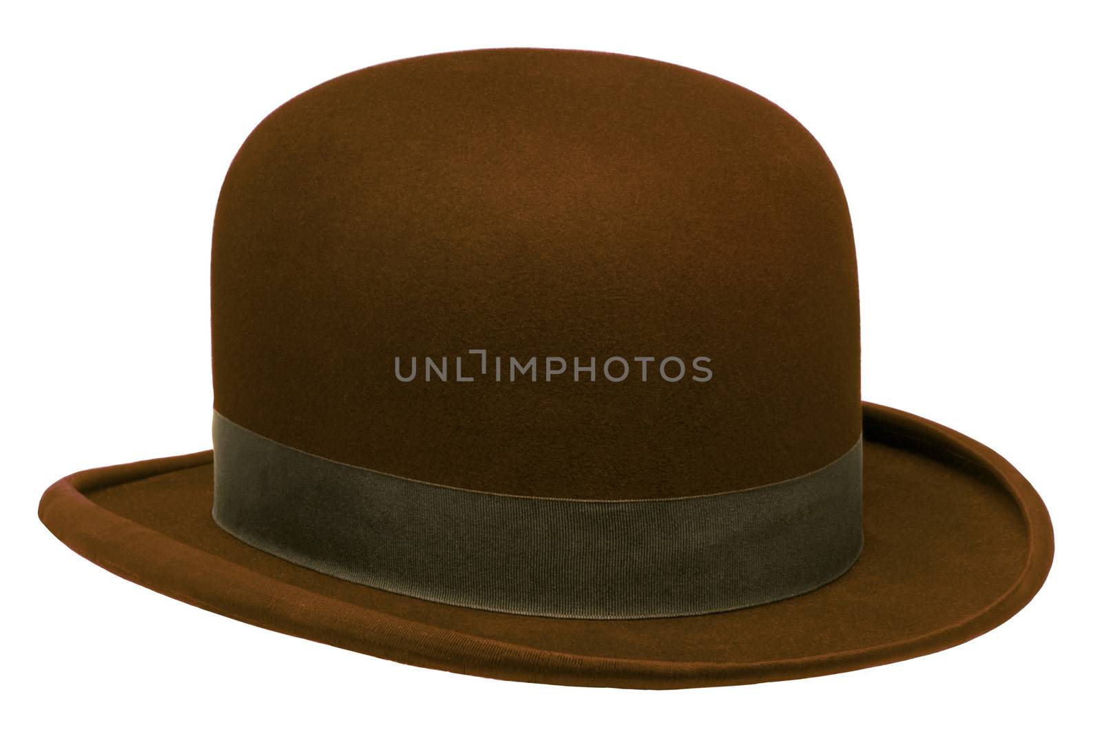 Brown bowler or derby hat isolated against white background