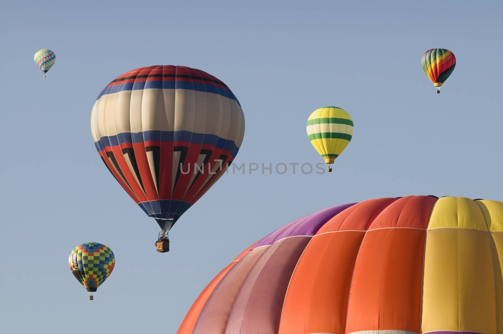Hot-air balloons against a blue sky