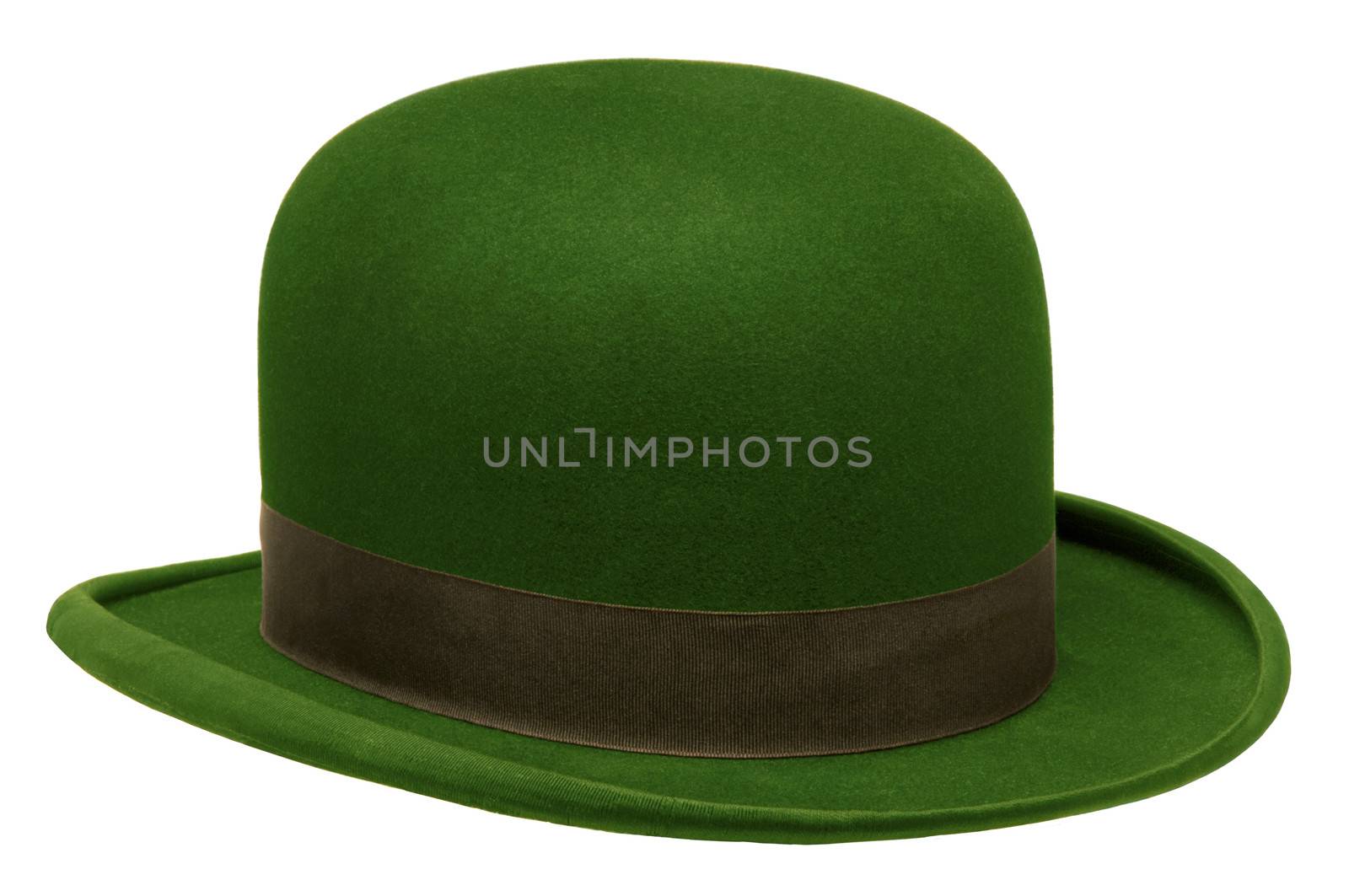 Green bowler or derby hat isolated against white background