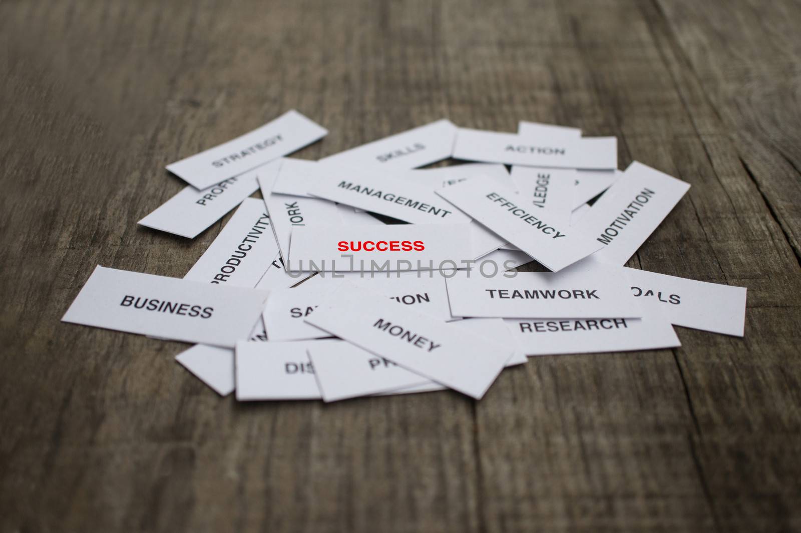 Paper strips with Success related words on wooden background