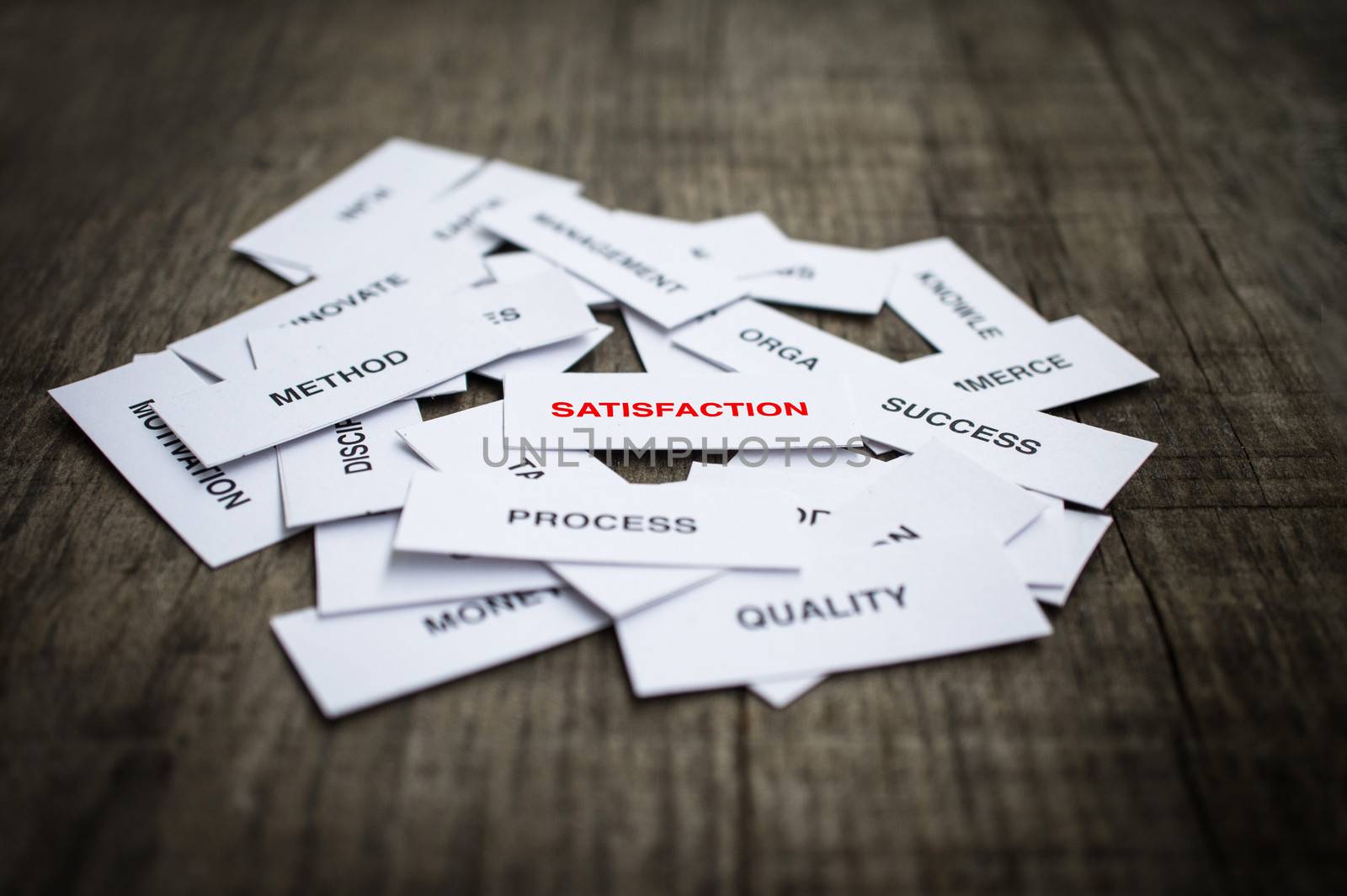 Paper strips with Satisfaction related words on wooden background