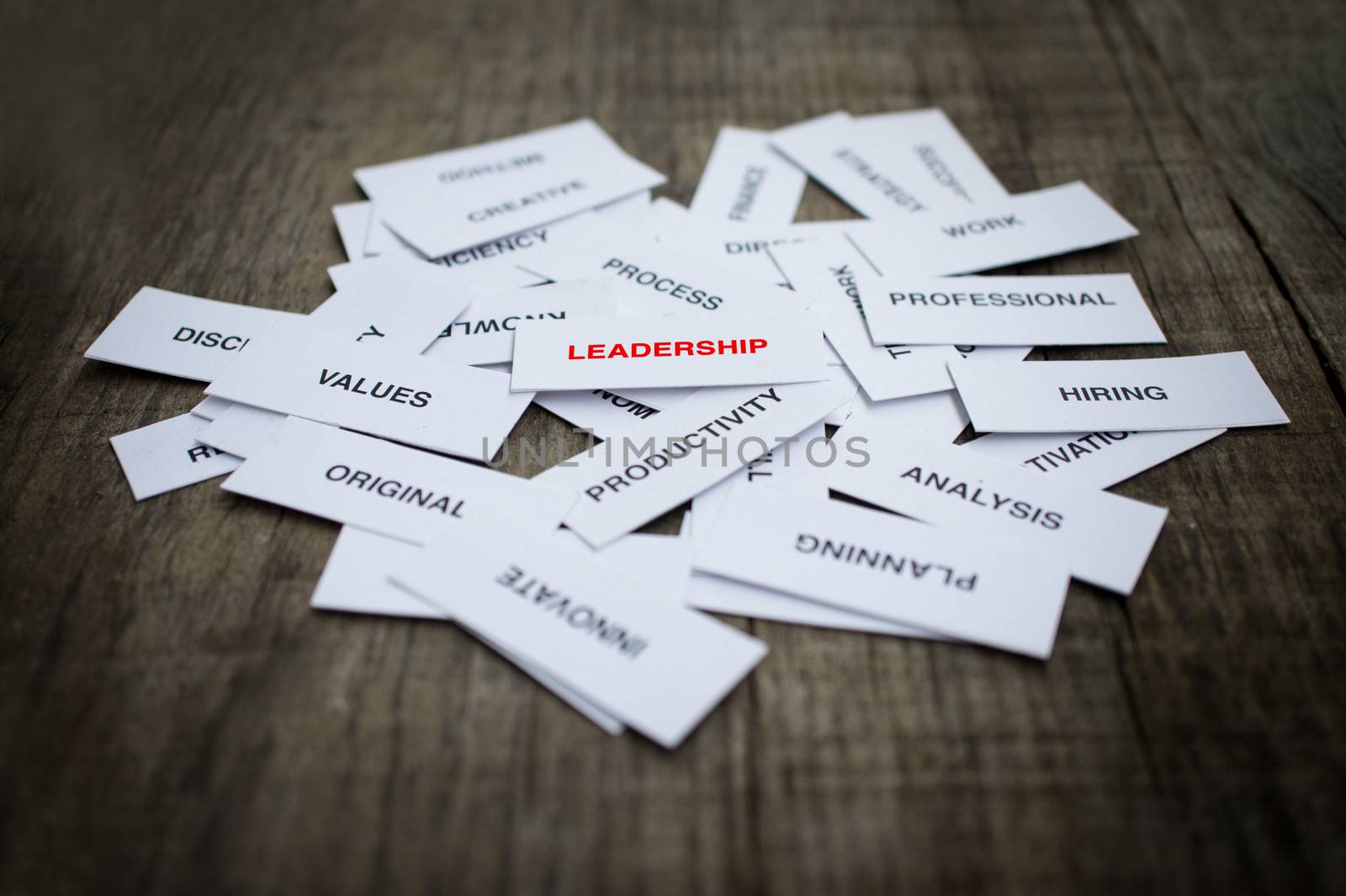 Paper strips with Leadership related words on wooden background