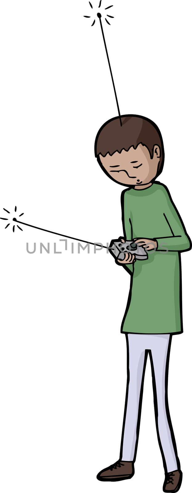 Boy with remote control and antenna on head