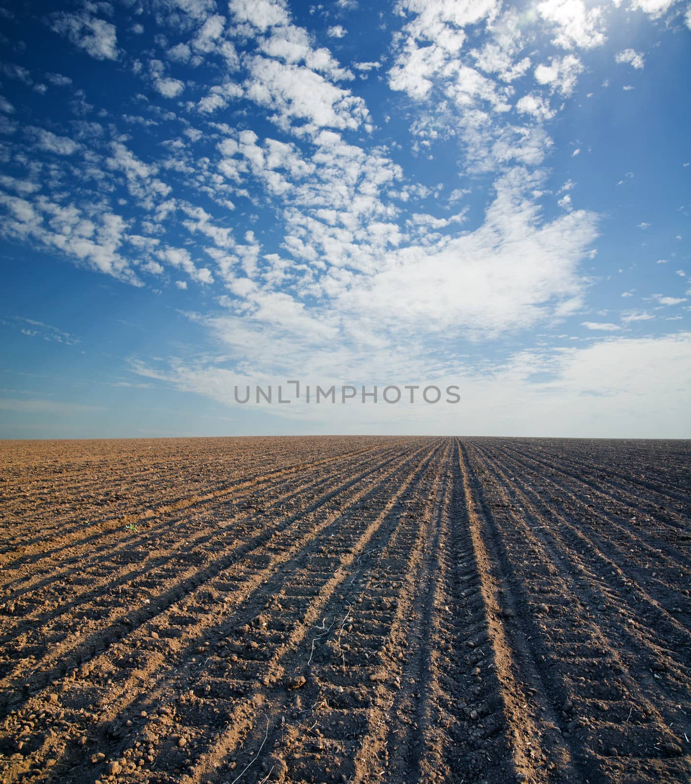 black ploughed field under blue cloudy sky