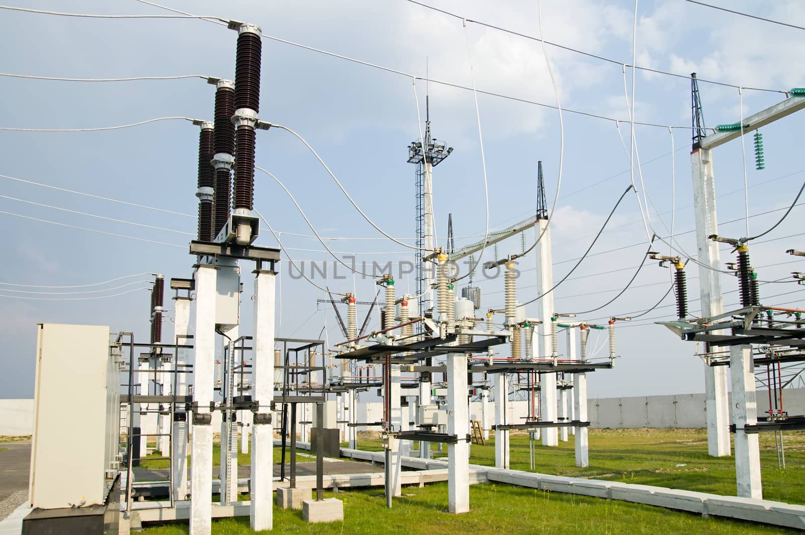 general view to high-voltage substation with switches and disconnectors