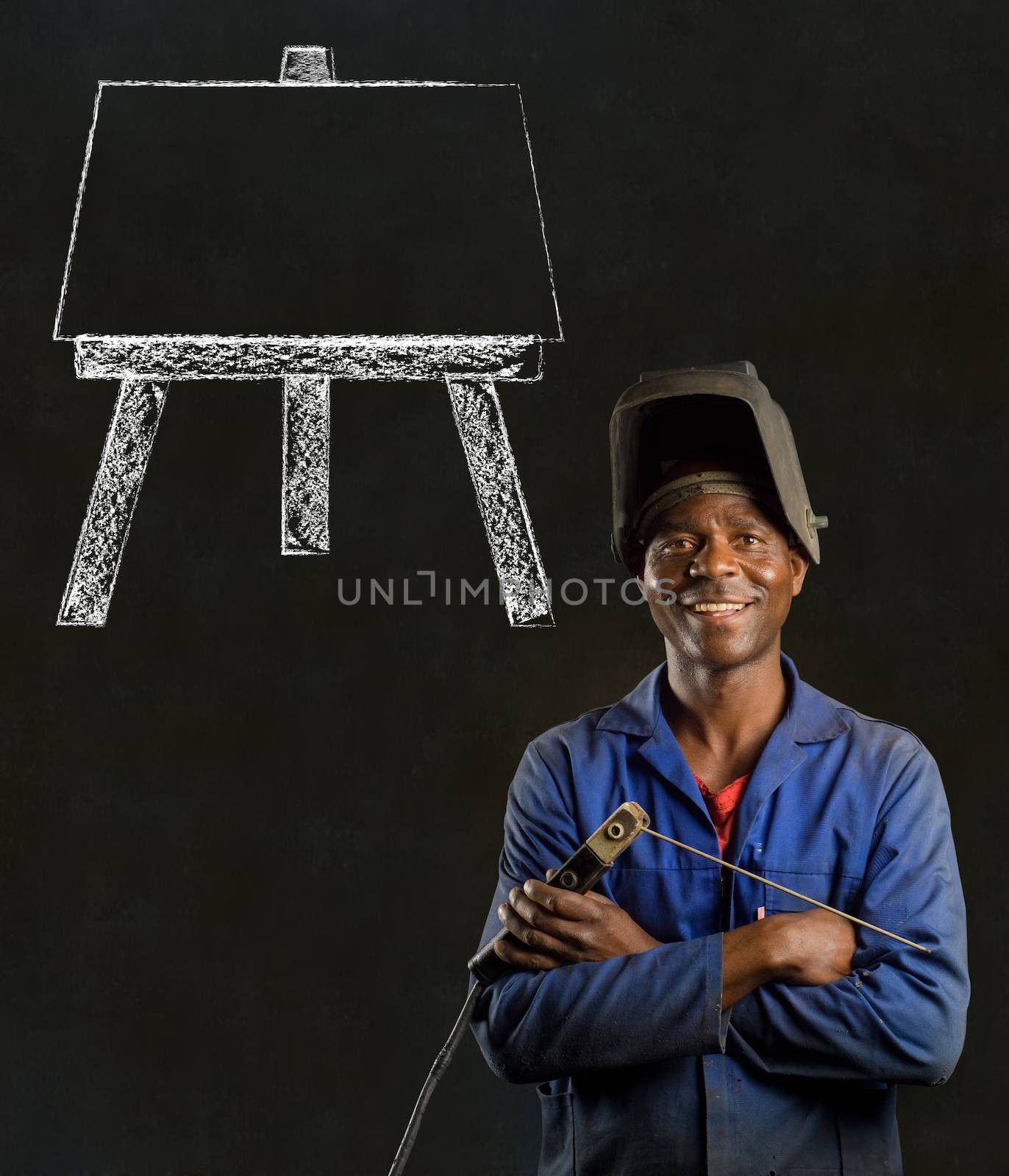 African black man industrial worker with chalk easel on blackboard background by alistaircotton