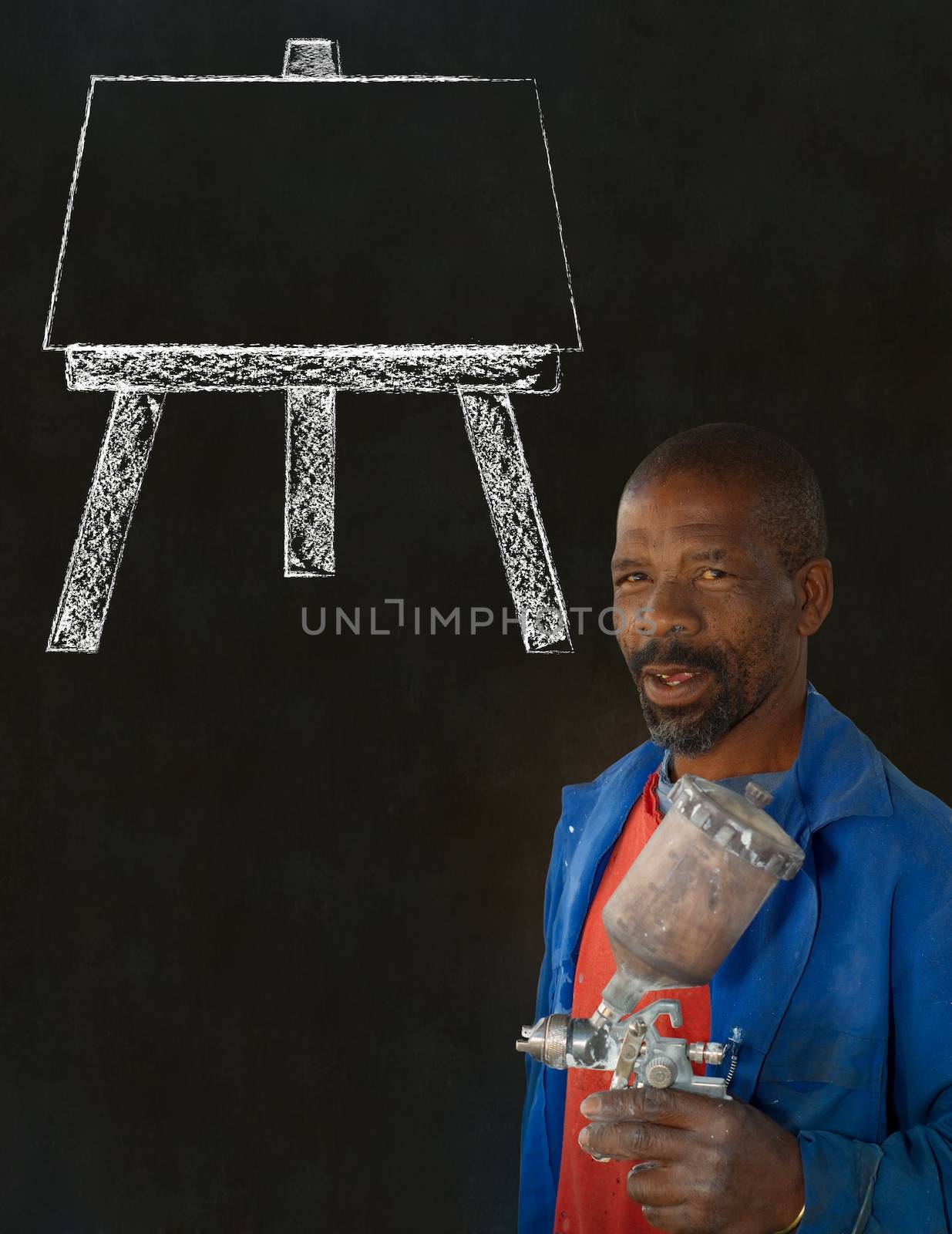 African black man industrial worker with chalk easel on blackboard background by alistaircotton