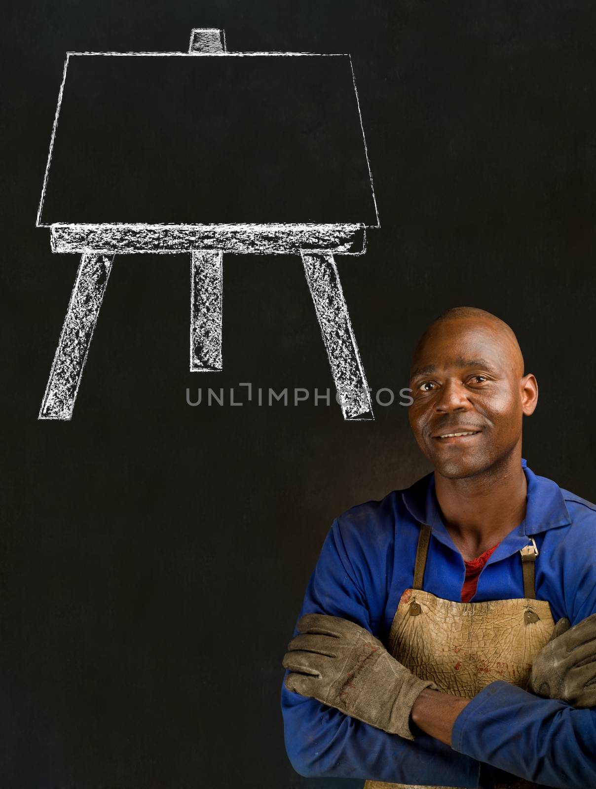 African black man industrial worker with chalk easel on blackboard background