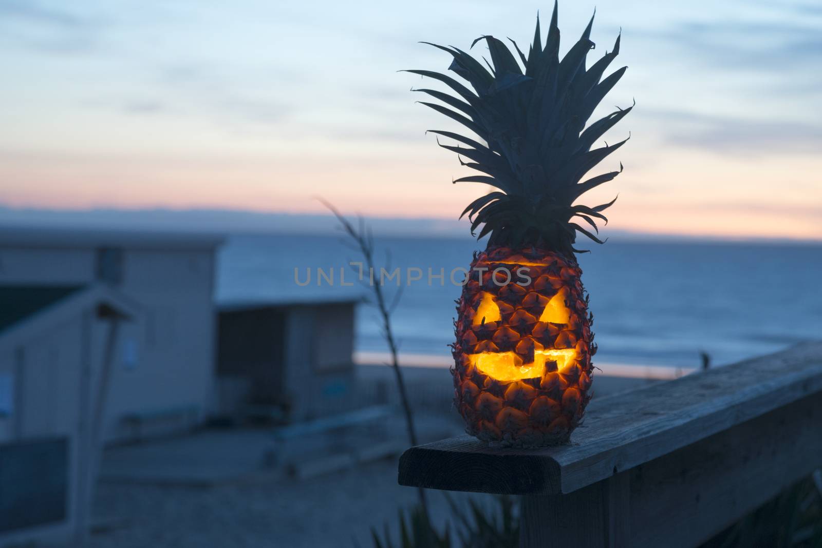 Jack o lantern halloween face carved into pineapple instead of pumpkin. Tropical fruit with ocean in background