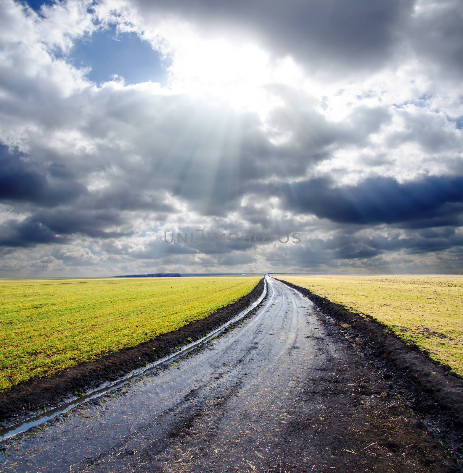 wet rural road under dramatic cloudy sky with sunbeams