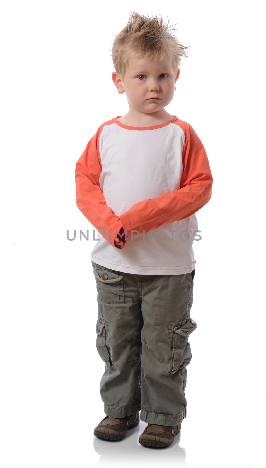 Sad little boy isolated on white