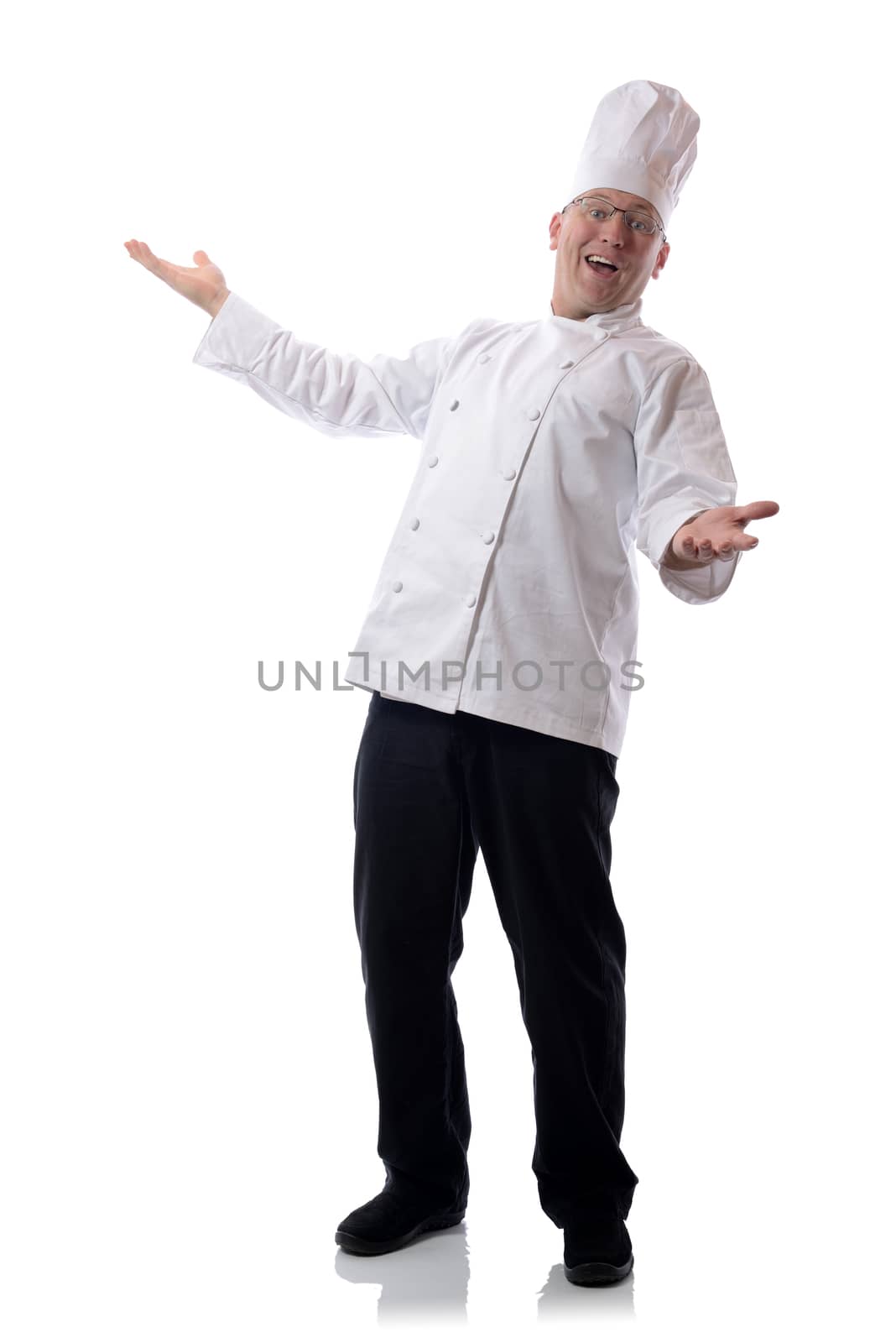 Male chef smiling with open armsisolated on white