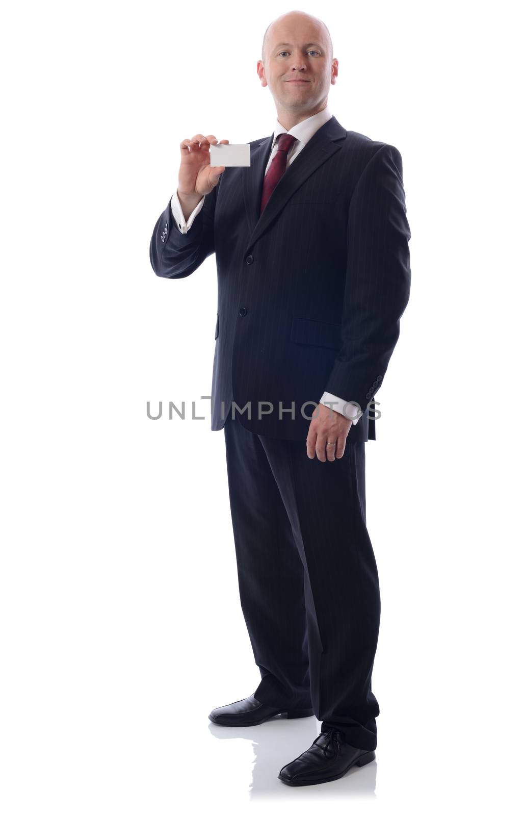  businessman showing a empty business card with copy space to write 