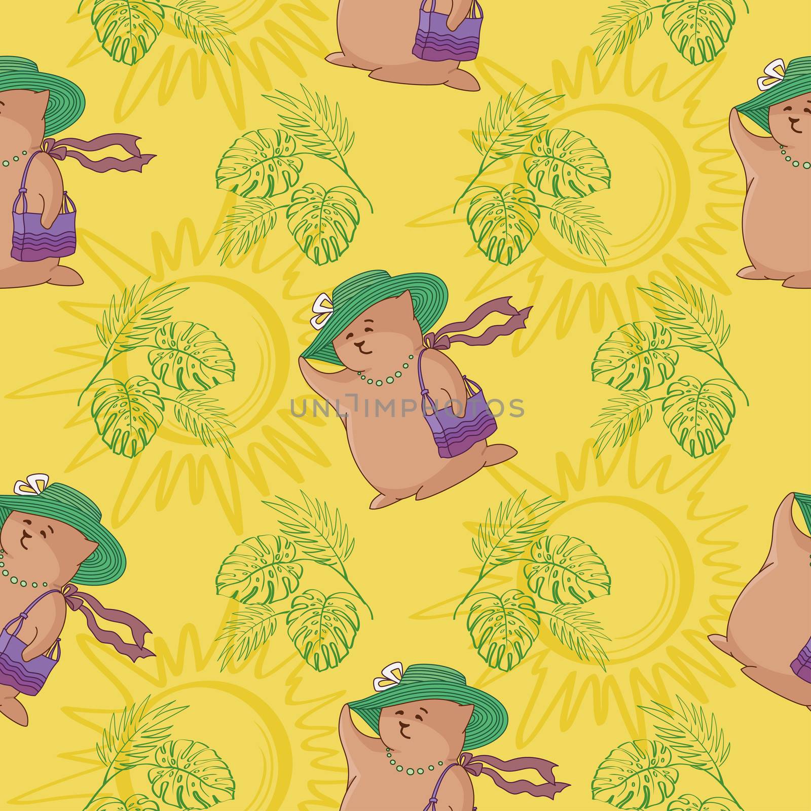 Seamless background, cartoon toy woman - animal and pattern with leaves and suns.