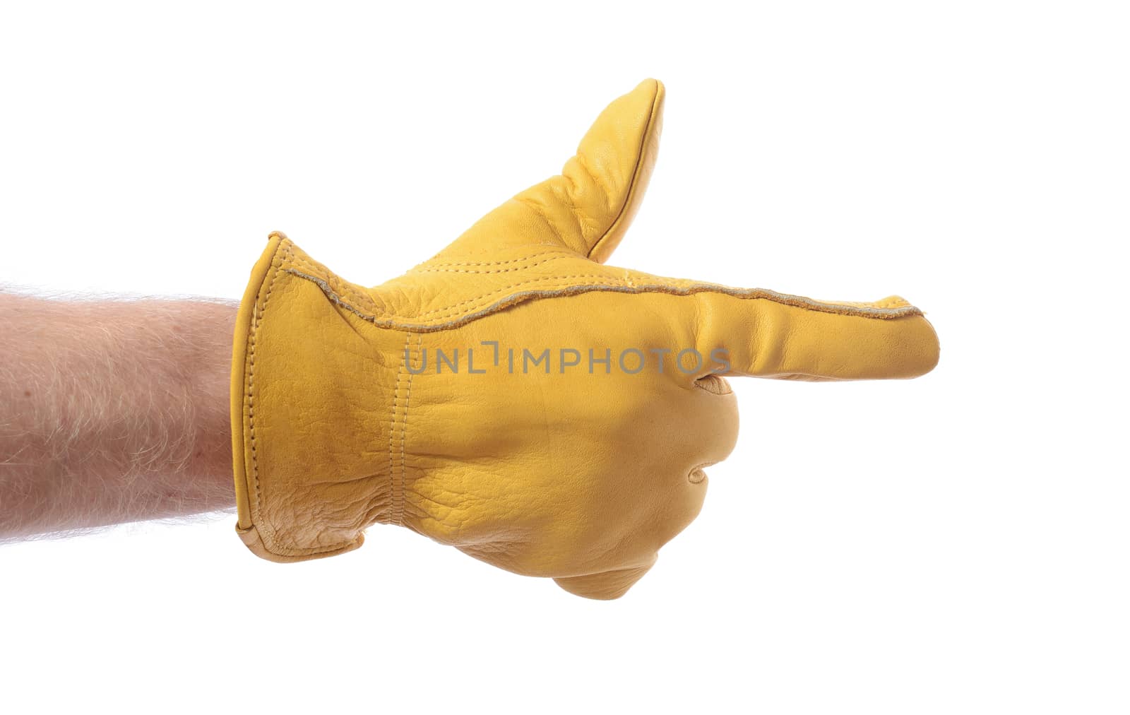 construction worker glove pointing to copy space isolated on white