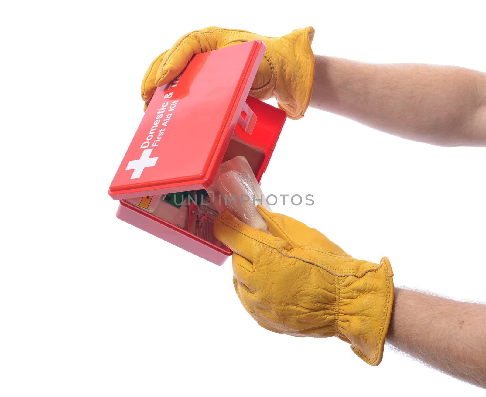 construction worker with glove taking a bandage from a first aid box
