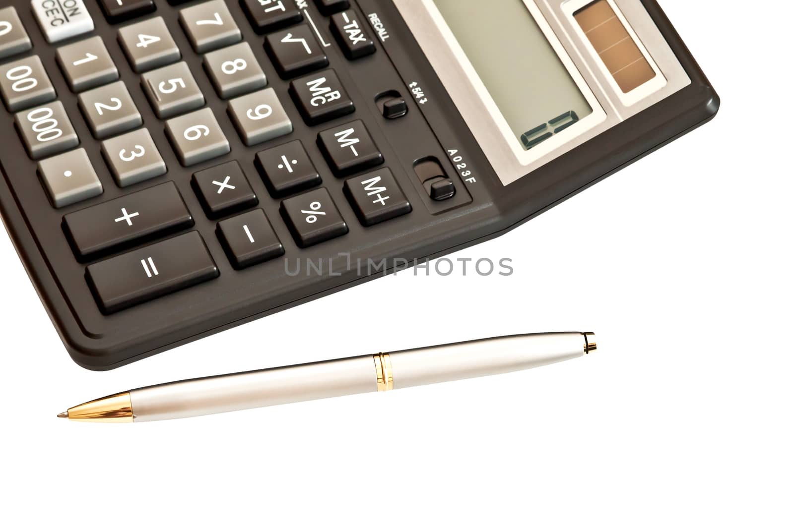 Business picture: calculator and pen isolated on white background
