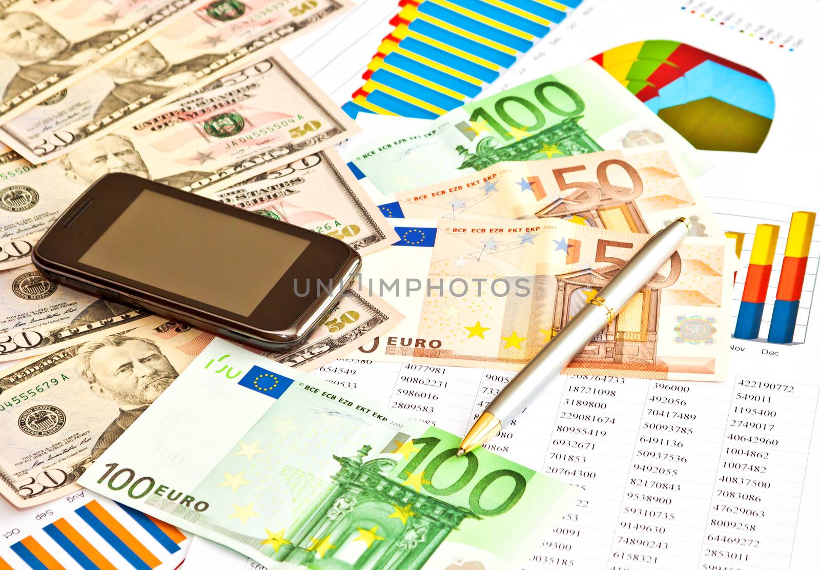 Money, financial graphs, phone and other business stuff
