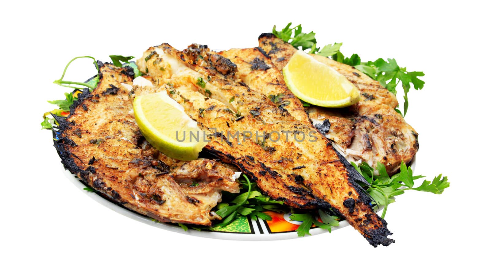 Grilled fish with greens on the plate - isolated obn white background