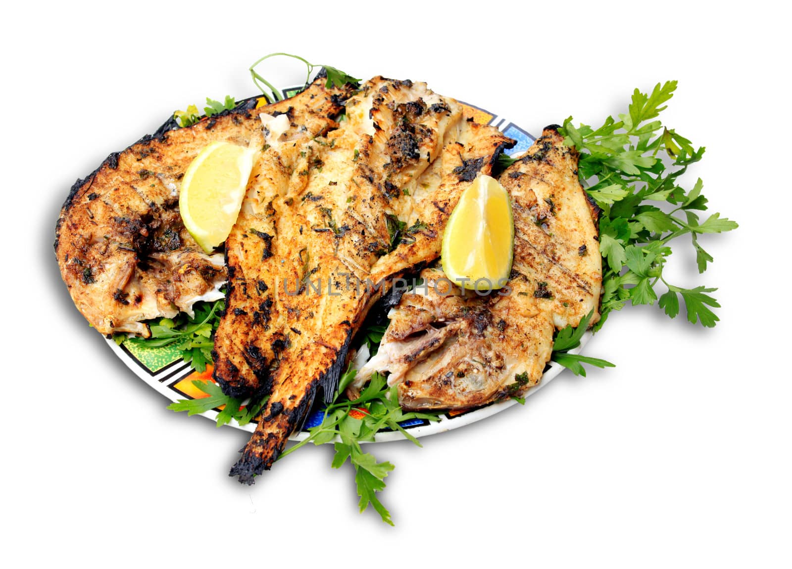 Grilled fish with greens on the plate (isolated on white background)