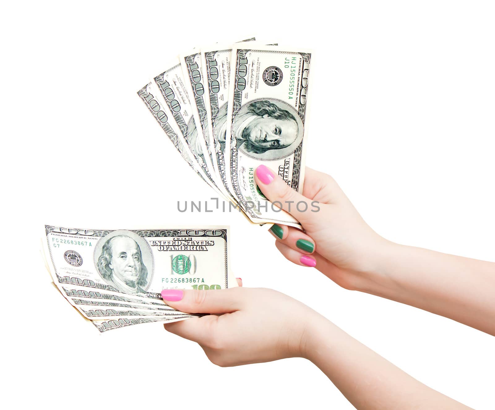 Woman’s hands counting 100 US dollar banknotes, isolated on wh by evp82